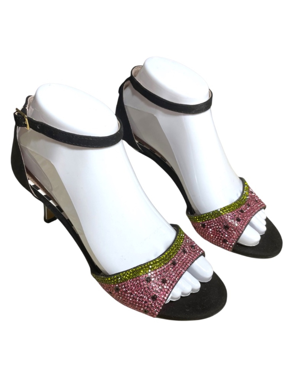 Betsey Johnson Watermelon Heels 6.5 Rhinestone Crystal Open Peep Toe Striped